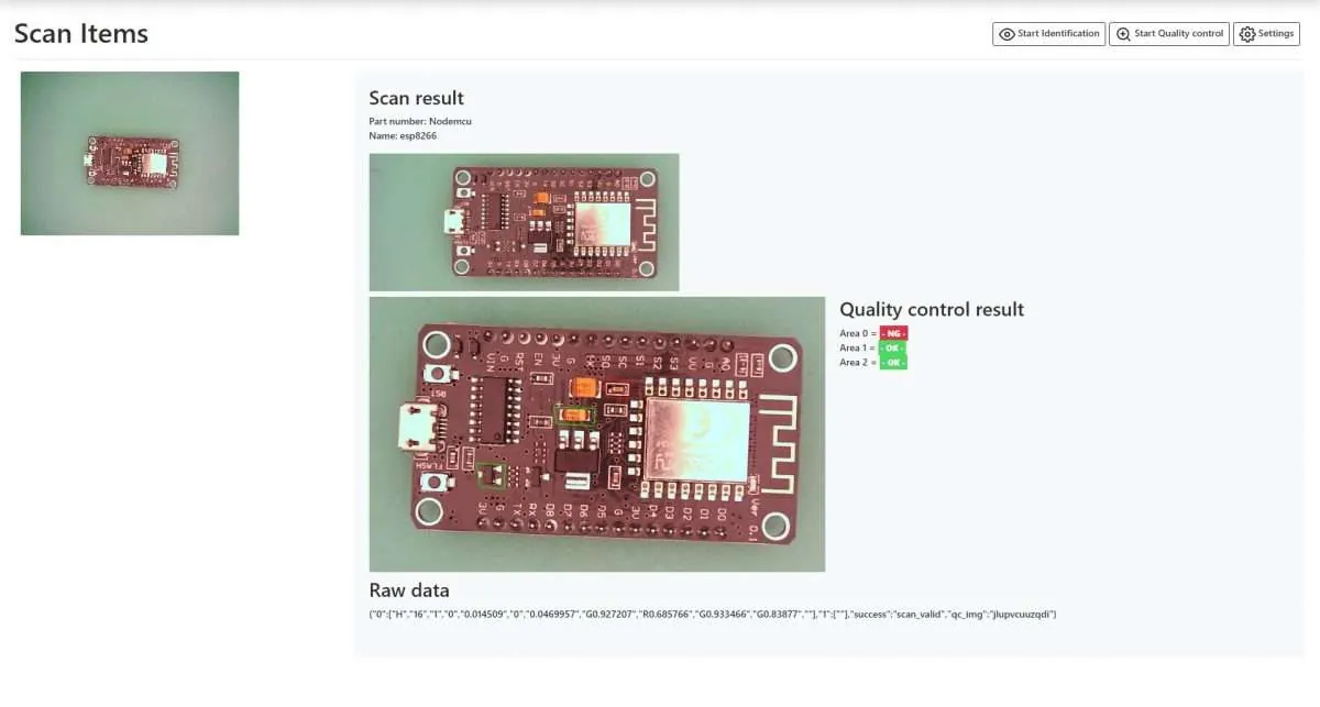 Scan result screen: a red circuit board photographed and checked, with pass flags per area