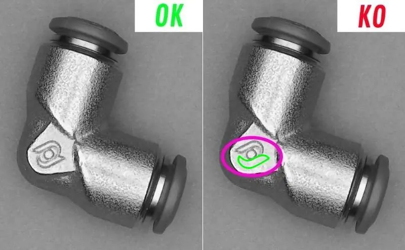 Metal elbow fitting shown twice: OK on the left, and KO on the right with the missing marking circled