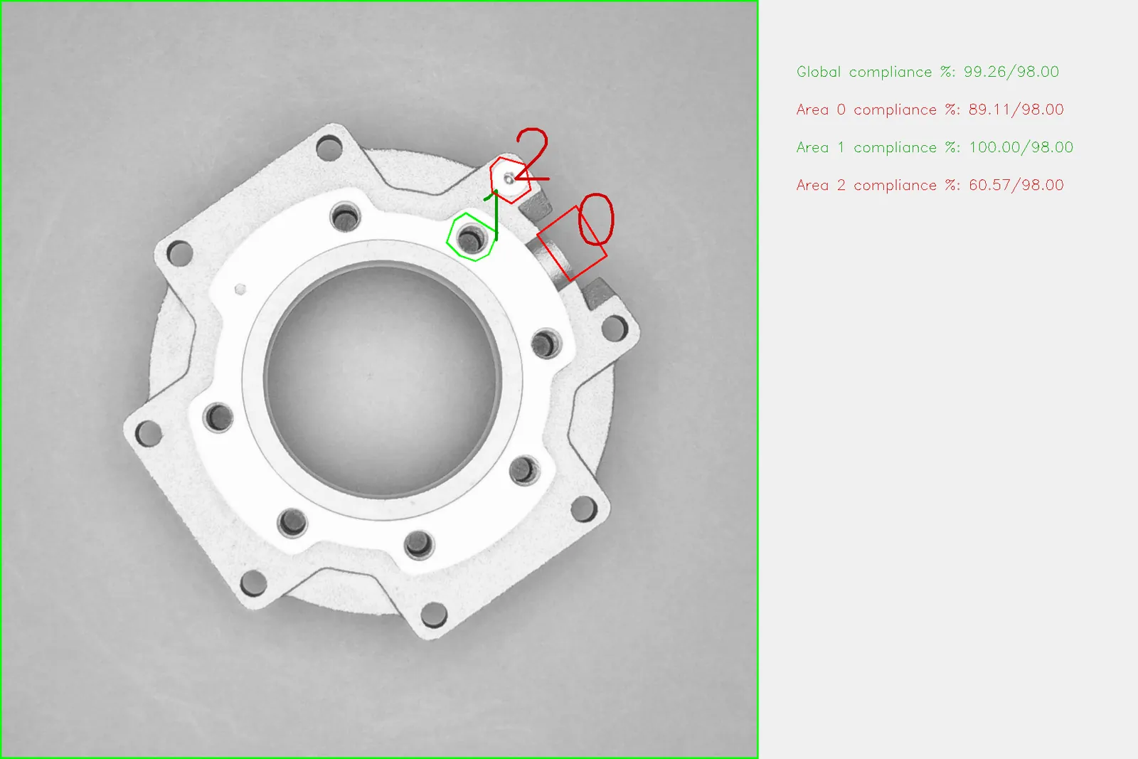 Machined flange housing with three inspection areas, one failing its compliance threshold