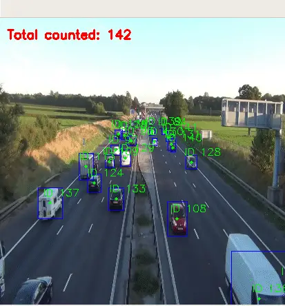 Motorway seen from above with every vehicle tracked and a running count of 142