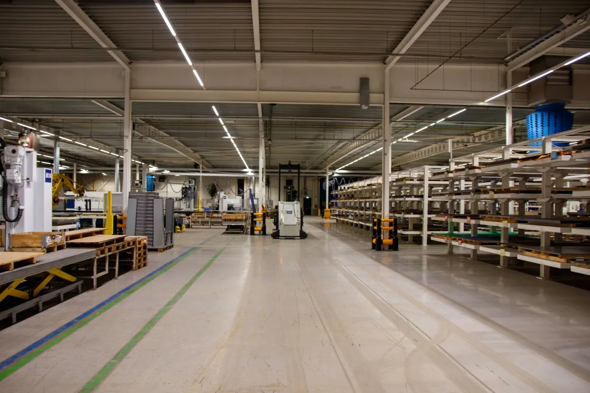 Long factory hall with racking and clear floor markings