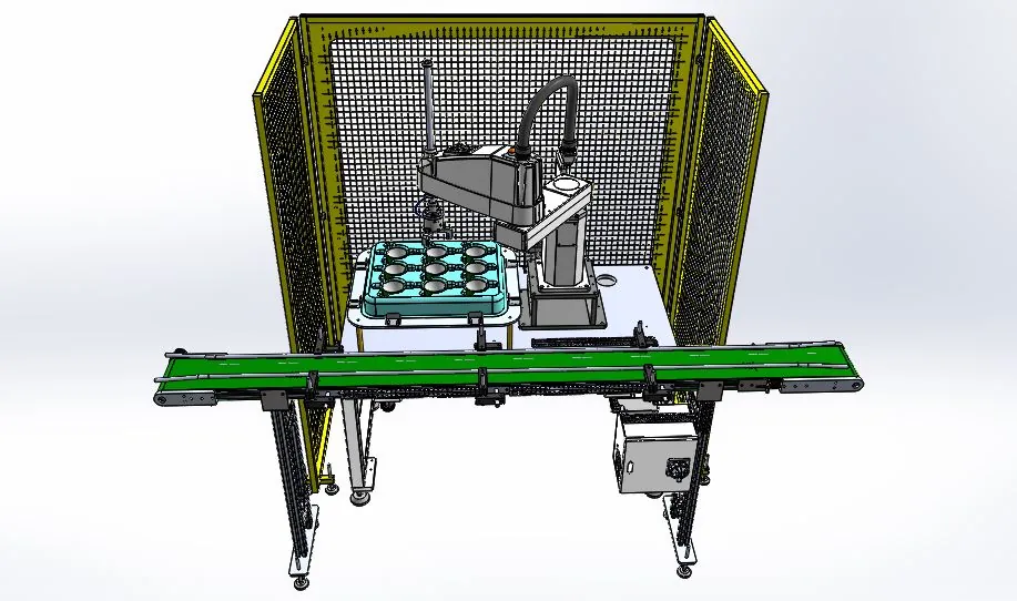 CAD render of a robot cell with a camera guiding a gripper over a tray above a conveyor